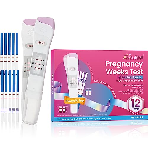 Accufast Test de Embarazo 12 Tests HCG Combo Pack - 2x Pruebas de Embarazo con Indicador de Semanas 25 MIU/ml, 10x Tiras Embarazo Test Ultrasensible 10 MIU/ml - 2 Formas de Verificar